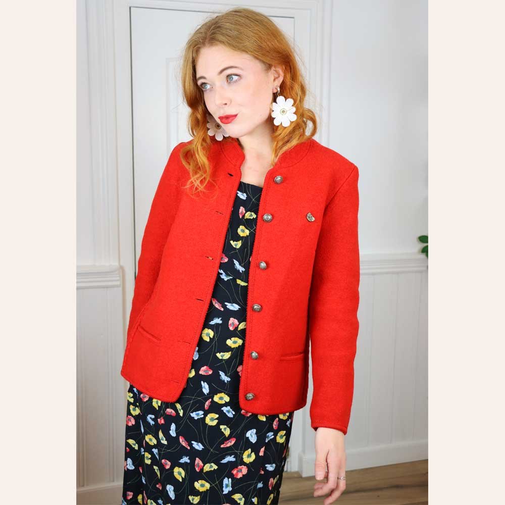 bright red cardigan